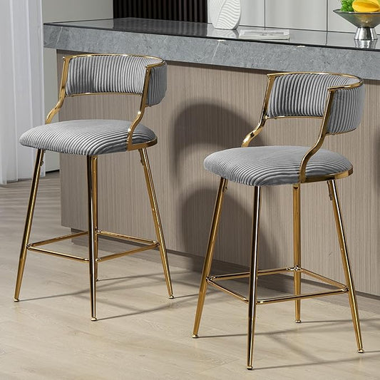 Modern Dining Chairs,Elegant American Design,26-Inch Counter Height Bar Stools Set of 2, Upholstered Kitchen Island with High Back, Swivel Solid Wood Frame and Metal Legs for Room, Home,Grey-Corduroy-