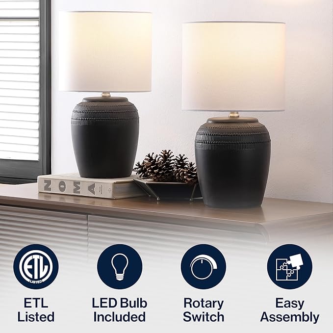 JONATHAN Y 16.75" Black/Nickel Ceramic Table Lamp Set of 2, Rustic Traditional Reeded Vase Lamps with White Linen Shade for Bedroom Living Room Decor JYL5707A-SET2