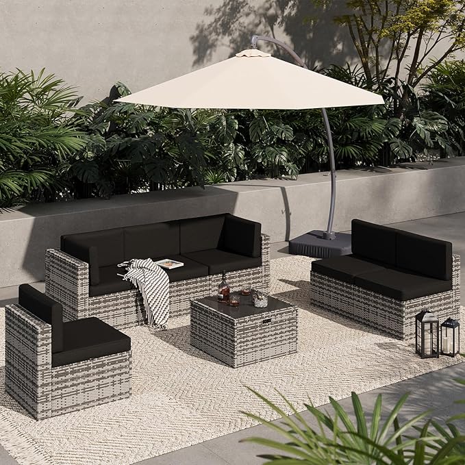 Aoxun 7 Piece Patio Furniture Set, All-Weather Wicker Outdoor Furniture 6 Seats Patio Conversation Sets with Storage Coffee Table, Outdoor Sectional Sofas for Backyard Garden(Grey/Black)