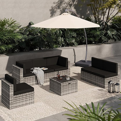 Aoxun 7 Piece Patio Furniture Set, All-Weather Wicker Outdoor Furniture 6 Seats Patio Conversation Sets with Storage Coffee Table, Outdoor Sectional Sofas for Backyard Garden(Grey/Black)