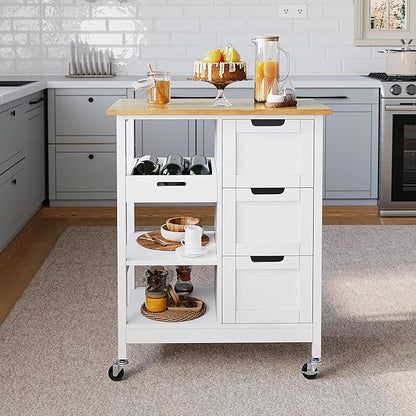 DWVO Solid Wood Top Rolling Kitchen Island Cart, 3 Tier Mobile Kitchen Storage Island Cart with 3 Drawers and 3 Opening Storage Shelves for Kitchen & Dining Area, White