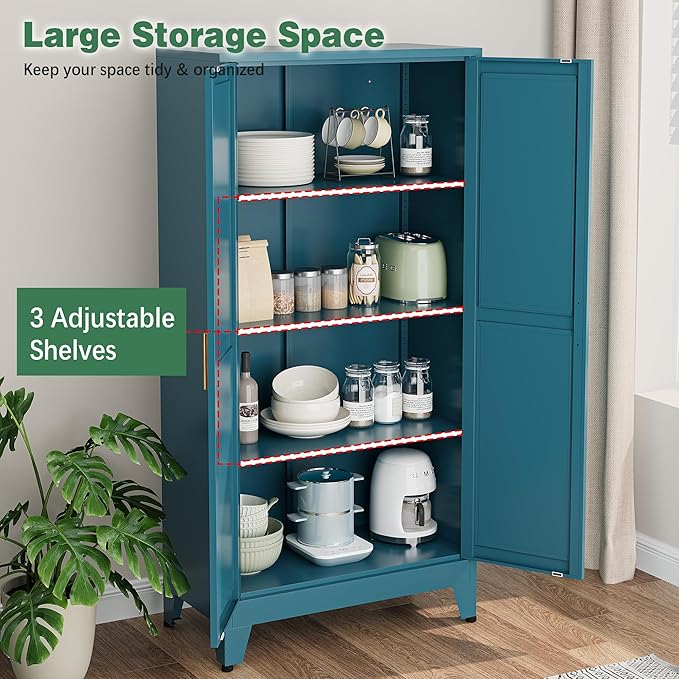 Bevivog 61" Farmhouse Metal Storage Cabinet with 2 Doors and 3 Adjustable Shelves, Tall Bathroom Cabinet Freestanding, Blue Metal Pantry Cabinets for Kitchen, Living Room, Home Office