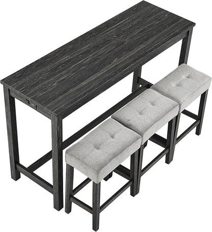 Ball & Cast 4 Piece Industrial Wooden Kitchen Island Table Chairs Sets w/Charging Station, 3pcs Upholstered Backless Counter Stools & 59" Bar-Table Built-in Electrical Outlets and 2 USB Ports,Black