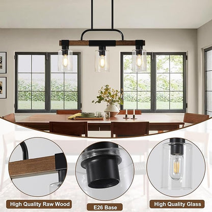 Farmhouse Dining Room Light Fixtures Over Table，Rustic Ceiling Pendant Lights Kitchen Island，3-Light Wood Kitchen Island Lighting Linear Chandelier with Clear Glass lampshade