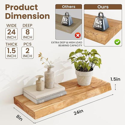 Acovy Extra Deep 24" Long Live Edge Rustic Floating Shelves for Wall, Solid Wood Wall Shelves with Invisible Bracket Mount for Living Room Bathroom Bedroom Kitchen, Set of 2, Natural