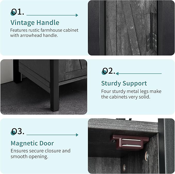 VECELO Small Bathroom Storage Cabinet, Slim Toilet Paper Holder with Shelves & Metal Racks, Organizer Cabinet for Narrow Spaces, Iron Gray, Farmhouse Style