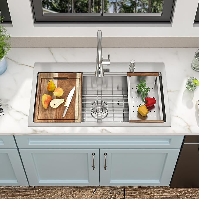 33 Kitchen Sink Drop In - Fulorni 33"x19" Ledge Workstation Top Mount 16 Gauge 304 Stainless Steel Over Mount Single Bowl Sink Basin with Faucet, Soap Dispenser