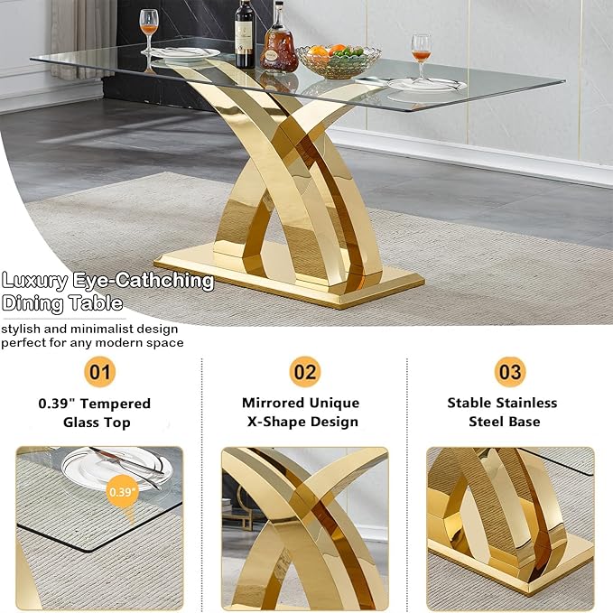 70" Large Glass Dining Table for 4 6 8, Modern Rectangular Glass Top Kitchen Table with Golden X-Design Stainless Steel Base, Luxury Dining Room Table for Dinner Kitchen Dining Room