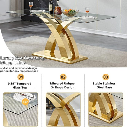 70" Large Glass Dining Table for 4 6 8, Modern Rectangular Glass Top Kitchen Table with Golden X-Design Stainless Steel Base, Luxury Dining Room Table for Dinner Kitchen Dining Room