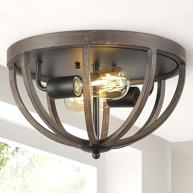 JONATHAN Y 13" Brown Oil Rubbed Bronze 2-Light Iron Flush Mount, Rustic Farmhouse Ceiling Light, Barnwood Metal Fixture for Kitchen Hallway, UL Listed, LED Bulbs Included JYL7479A