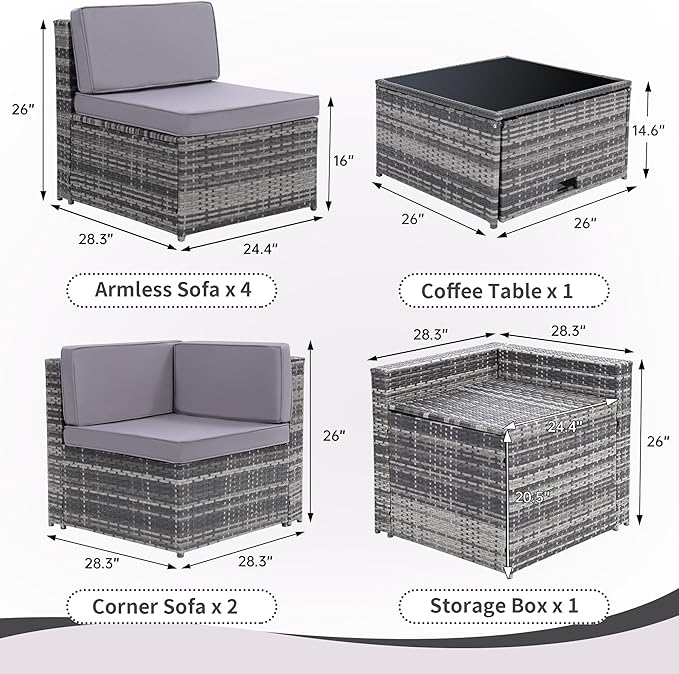 KROFEM 8-Piece Patio Furniture Set, Outdoor Wicker Rattan Sectional with Thick Cushions, Glass Top Table with Hidden Storage, Outdoor Conversation Set for Backyard, Porch, Patio, Light Grey