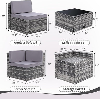 KROFEM 8-Piece Patio Furniture Set, Outdoor Wicker Rattan Sectional with Thick Cushions, Glass Top Table with Hidden Storage, Outdoor Conversation Set for Backyard, Porch, Patio, Light Grey