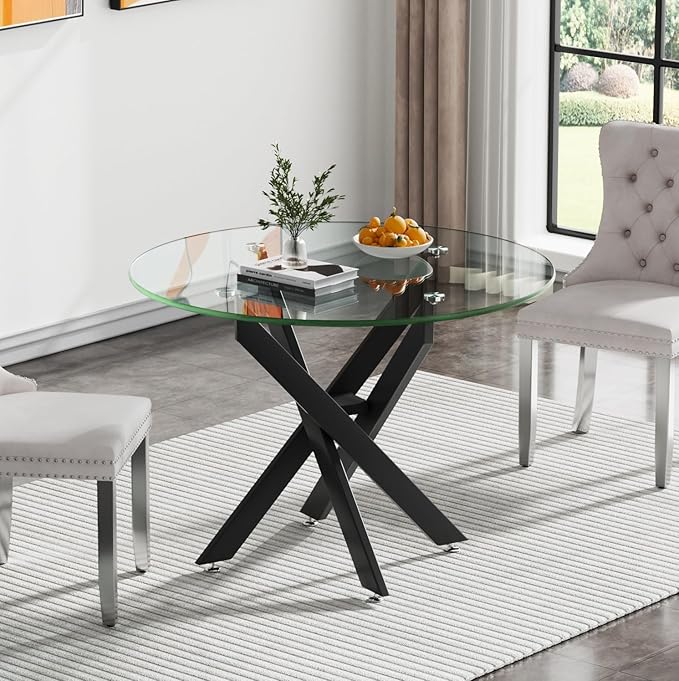 36'' Round Glass Dining Table for 2-4, Round Dining Room Table for Small Space, Circular Glass Kitchen Table for 4, X-Shape Black Metal Legs