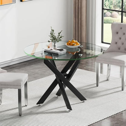 36'' Round Glass Dining Table for 2-4, Round Dining Room Table for Small Space, Circular Glass Kitchen Table for 4, X-Shape Black Metal Legs
