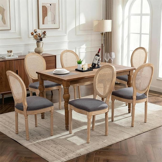 SoarFlash French Dining Chairs Set of 6, Vantage Dining Chair with Round Back, Farmhouse Country Rattan Dining Chair for Kitchen,Bedroom,Deep Grey
