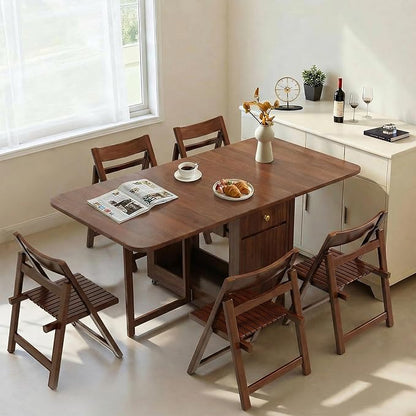 Drop Leaf Table and Chairs - 59" Fully Assembled Folding Dining Table 4-6 Seater with Storage and Lockable Wheels, Space-Saving Set with 8 Chairs for Kitchen or Dining Room (Walnut)