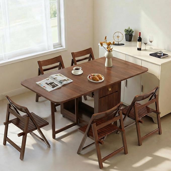 Small Drop Leaf Table - 59" Fully Assembled Folding Dining Table 4-6 Seater with Storage and Lockable Wheels, Space-Saving for Kitchen or Dining Room (Walnut)