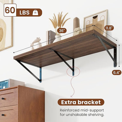 Deep Wall Shelves 36"W x 12"D Engineered Wood Floating Shelves for Wall, Sturdy Metal Bracket Bookshelves Home Decor Storage for Living Room Bedroom Bathroom Kitchen, Set of 2, Walnut Finish