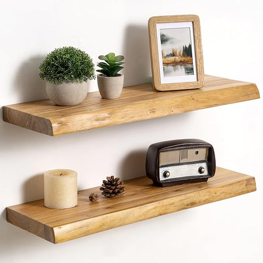 Fun Memories Floating Shelves for Wall Decor Set of 2-24 Inch Solid Elm Wood Live Edge - Rustic Natural Wall Shelves with Invisible Brackets - for Living Room, Bedroom, Kitchen - Natural Finish