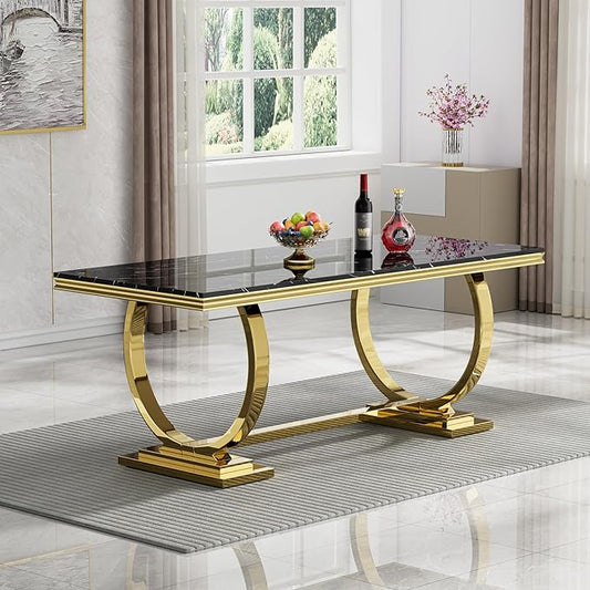 Black Marble Dining Table for 6, Modern Gold Kitchen & Dining Room Table for 6 with Mirrored Stainless Steel Frame, Luxurious Faux Marble Rectangular Dining Table for Dining Room Kitchen