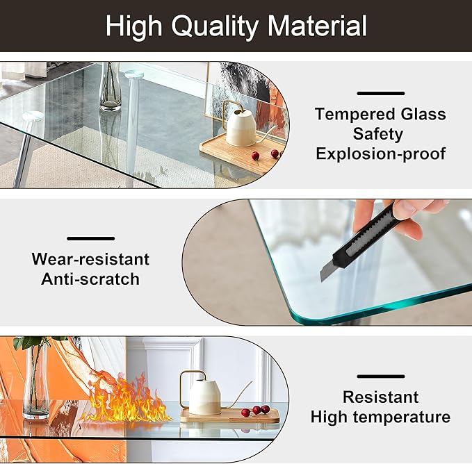Baysitone Glass Dining Table for 4 with 63 inch Clear Tempered Glass Top, 0.31" Modern Rectangular Glass Kitchen Table Furniture with 4 Black Metal Legs for Home Kitchen Room