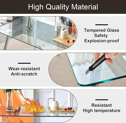 Baysitone Glass Dining Table for 4 with 63 inch Clear Tempered Glass Top, 0.31" Modern Rectangular Glass Kitchen Table Furniture with 4 Black Metal Legs for Home Kitchen Room