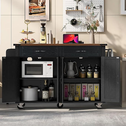 Merax 53.5" Upgraded Kitchen Cart Island on Wheels with Power Outlet,Drop Leaf,Farmhouse Wood Frame Storage Cabinet for Dining Room
