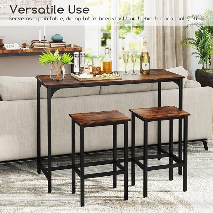 COSTWAY 3-Piece Dining Table Set, 47.5" Industrial Counter-Height Kitchen Table and 2 Bar Stools, High Top Rectangular Pub Table and Chairs for Dining Room Small Place Breakfast Nook Bistro (Coffee)