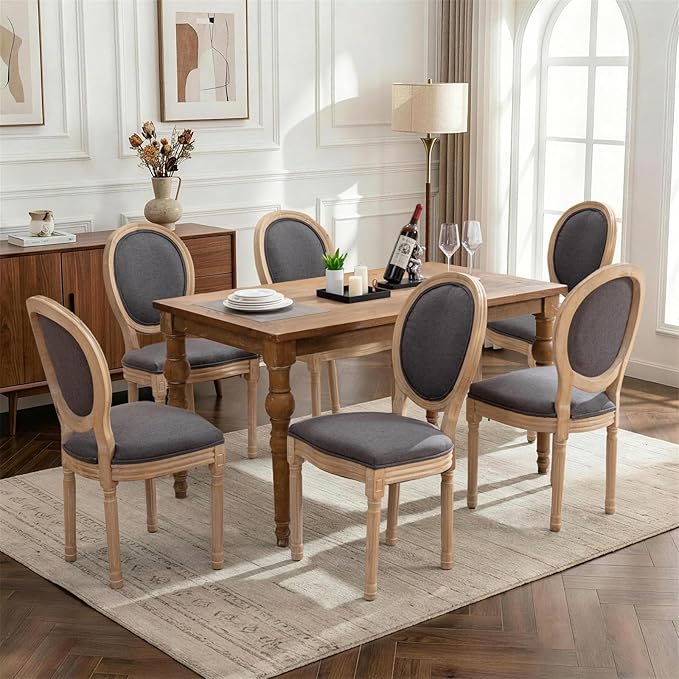 SoarFlash French Dining Chairs Set of 6, Vantage Linen Dining Chair with Round Back, Farmhouse Country Dining Chair for Living Room,Kitchen,Restaurant,Deep Grey