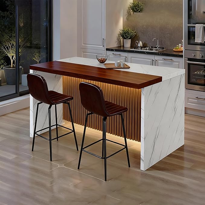 63" Modern Kitchen Island with Marble-Look Surface with 2/4 Bar Stools, Island Table with LED Lights, for Kitchen,Dining Room, Bar, Office, Living Room (White+2Dark Brown)