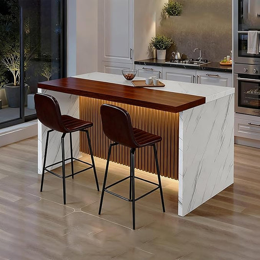 62.99" Modern Kitchen Island Set (White + Walnut) with 2 Dark Brown Bar Stools - Marble-Look MDF Surface, Adjustable LED Lights (3 Color Temps), Grille Design，Seats 4 for Dining/Lounge