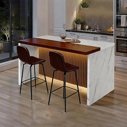 Runboll 63" Large Island Table Set with 2 Bar Stools, Modern Faux Marble Dining Table Set with Multi-Color LED Lights, Kitchen Island with Grille Design for Dining Room, Home, Office, Living Room