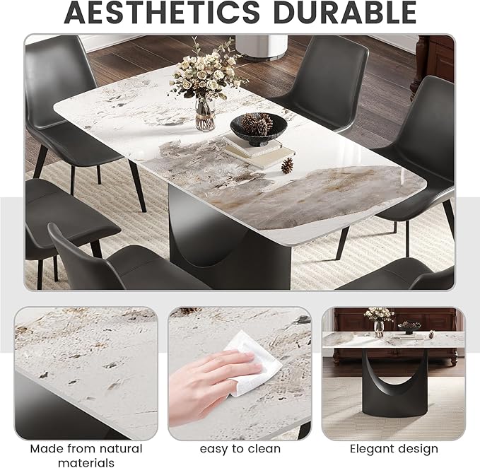 Large Sintered Stone Dining Table 63 Inch, Minimalist Rectangle Kitchen Table with Durable 12mm Top, Anti-Scratch Metal Base, Multifunctional Conference Desk for Dining Room