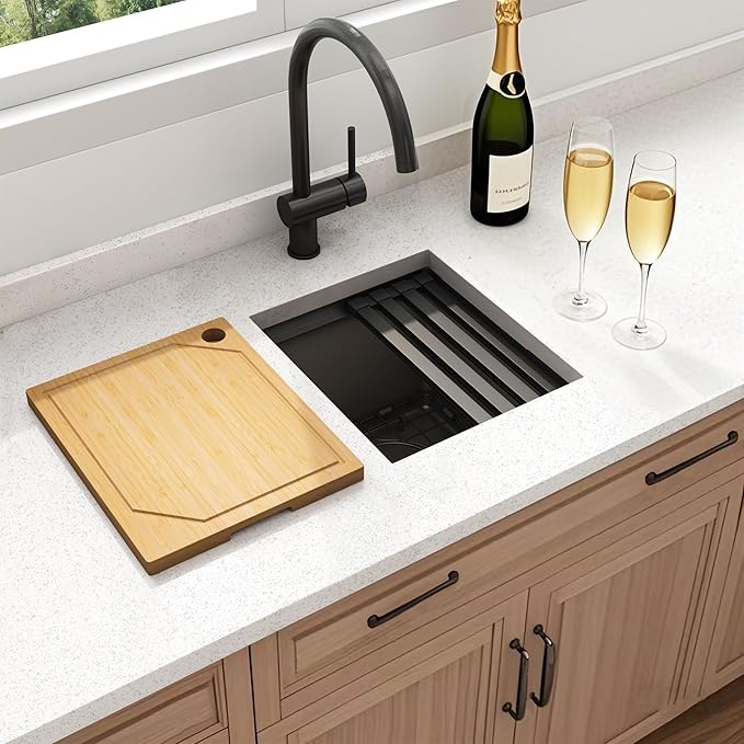 13 Inch Black Sink Undermount, 16 Gauge 304 Stainless Steel Workstaion Kitchen Sinks with Ledge & Accessories, 13" x 15" x10" Deep Bowl For Outdoor, RV,Prep Sink, and Wet Bar