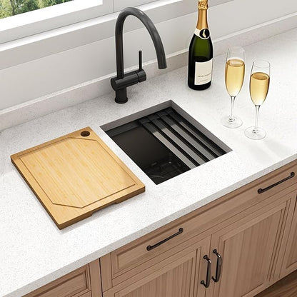 13 Inch Black Sink Undermount, 16 Gauge 304 Stainless Steel Workstaion Kitchen Sinks with Ledge & Accessories, 13" x 15" x10" Deep Bowl For Outdoor, RV,Prep Sink, and Wet Bar