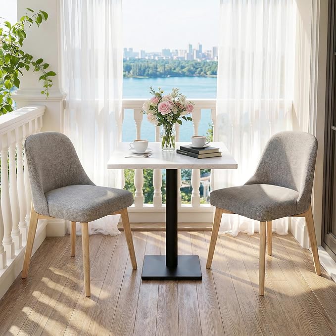 Casaphoria Set of 2 Upholstered Dining Chairs, Light Grey Fabric Kitchen Chairs with Oak Wood Legs, Modern Accent Chairs for Dining Room, Living Room or Kitchen