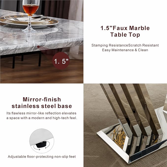 70" Marble Dining Table for 6-8, Modern Luxury Silver Rectangular Large Kitchen Table, Marble Grain MDF Tabletop & Stainless Steel Base, Dinner Furniture for Kitchen Dining Room, Meeting Room, Grey