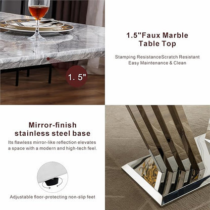 70" Marble Dining Table for 6-8, Modern Luxury Silver Rectangular Large Kitchen Table, Marble Grain MDF Tabletop & Stainless Steel Base, Dinner Furniture for Kitchen Dining Room, Meeting Room, Grey