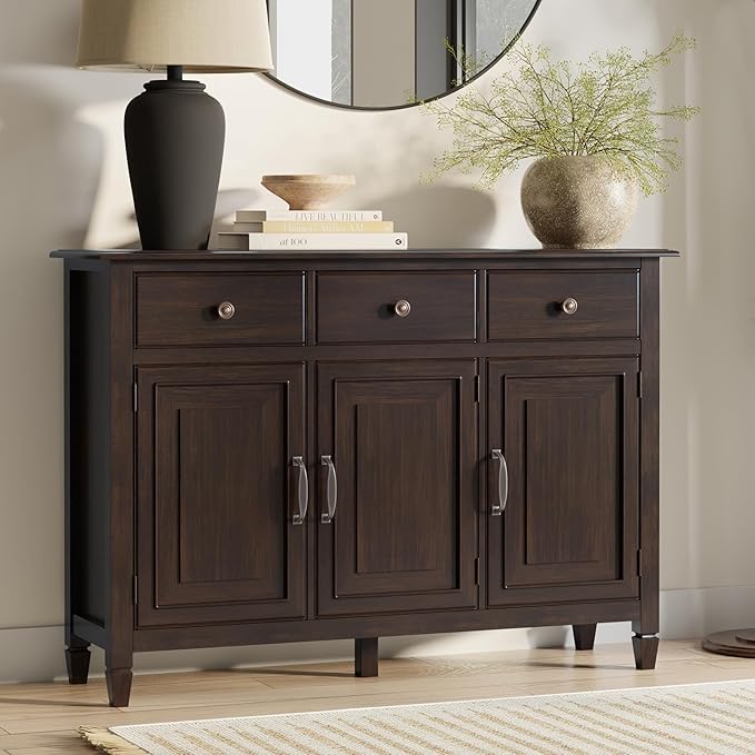 SIMPLIHOME Connaught 51-inch Wide Solid Wood Storage Cabinet in Chestnut Brown for the Entryway, Mudroom, 3 Drawers and Adjustable Shelves, Traditional Style, Space-Saving Design