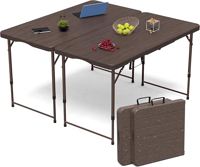 Set of 2 Folding Table 4 Foot for Indoor Outdoor, Portable Heavy Duty Fold-in-Half Utility Small Plastic Adjustable Height Folding with Carrying Handle for Picnic and Party, 2 Pack Brown
