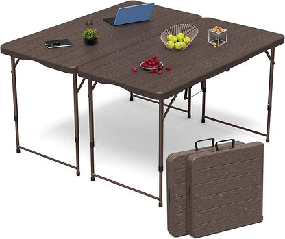 Set of 2 Folding Table 4 Foot for Indoor Outdoor, Portable Heavy Duty Fold-in-Half Utility Small Plastic Adjustable Height Folding with Carrying Handle for Picnic and Party, 2 Pack Brown