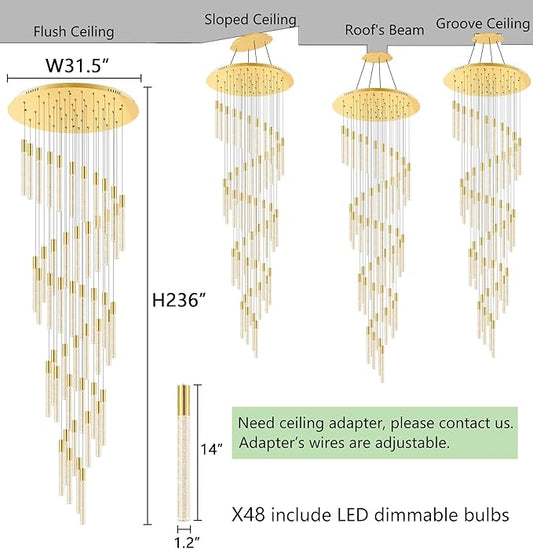 HAIXIANG 20 Foot 48-Light Gold High LED Dimmable Chandeliers Ceiling Pendant Light Fixtures Remote Control Light Fixtures Crystal Raindrop Fixtures Living Room Staircase Entrances