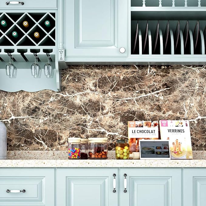 LACHEERY Dark Brown Marble Contact Paper for Cabinets Peel and Stick Wallpaper for Kitchen Countertops Removable Backsplash Self Adhesive Granite Wallpaper Counter Top Covers Old Furniture 15.8"x80"
