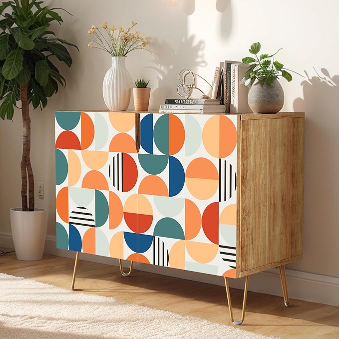SIGNWIN Sideboard Buffet Cabinet, Kitchen Storage Cabinet with 2 Doors, Orange & Blue Retro Polygon Pattern, Cupboard Console Table for Dining Room - 35" L x 18" W x 29" H