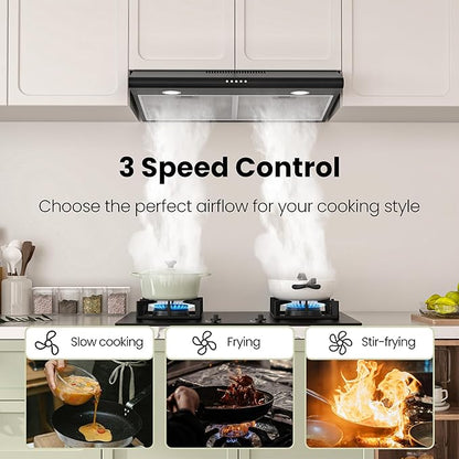 FIREGAS 30 Inch Black Under Cabinet Range Hood, Ducted/Ductless Convertible Kitchen Vent Hood with LED Light, 3-Speed Exhaust Fan, Push Button Control, Slim Stove Hood for Modern Kitchen