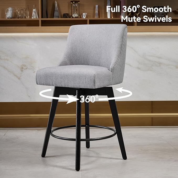 Counter Height Bar Stools Set of 2, Swivel Barstools with Backs and Wood Legs, Linen Fabric Upholstered Counter Stools for Kitchend Island, Mid-Century Modern 26" Seat Height Bar Chairs, Grey