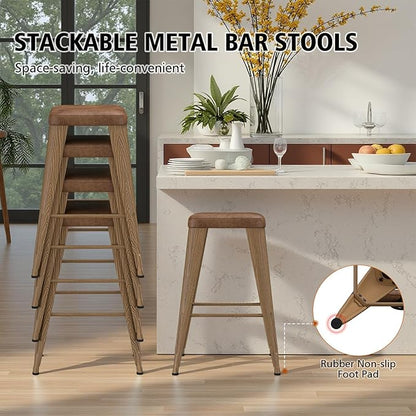 Backless Bar Stools Set of 4, Upholstered Faux Leather Counter Height Stools with Sturdy Metal Legs, 30 Inch Barstools for Kitchen Island (Walnut)