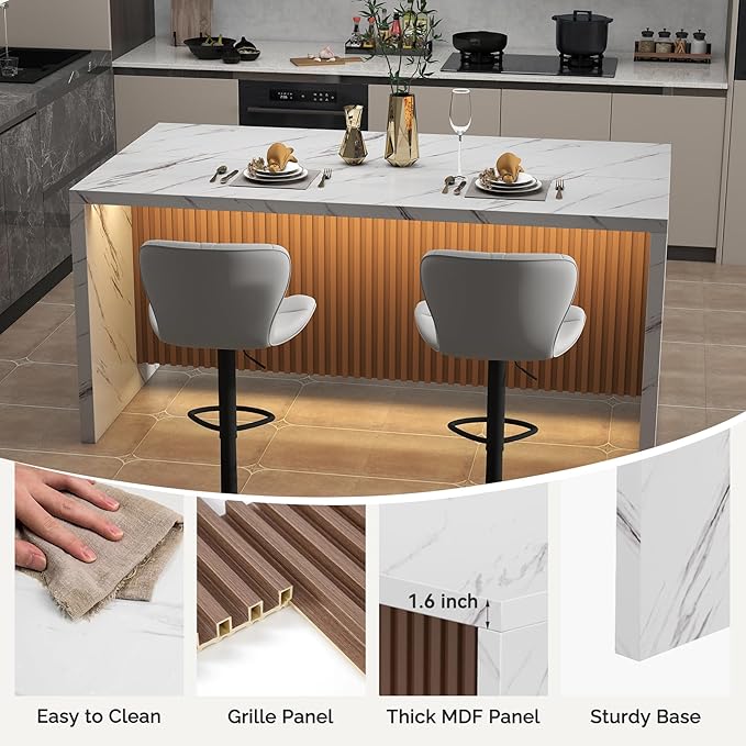 63" Large Modern Rectangle Dining Table for 4-6 People, Imitation Marble Island Table with LED Lights for Kitchen,Dining Room, Bar, Office, Living Room