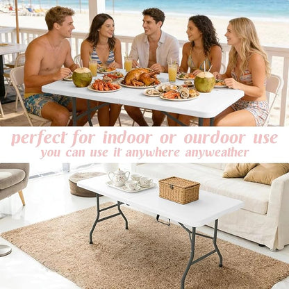 Fivenl 2 Pack 6 Feet Portable Folding Table White, Steel Legs Fold-in-Half with Carrying Handle Rectangular Plastic Foldable Table for Party, Wedding, Camping, Picnic, Dining, Indoor Outdoor Events