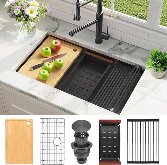 MILOSEN 33 Inch Black Undermount Kitchen Sink, 33" x 19" Black Stainless Steel Sinks, Single Bowl Workstation Sink with Custom Accessories, Handmade Under Counter Design, 9'' Depth Large Kitchen Sinks